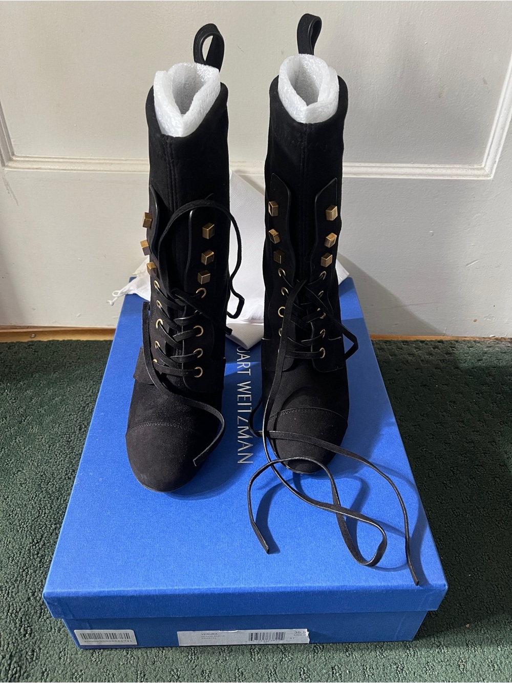 Stuart Weitzman 'Veruka' Black Suede Lace-Up Boots